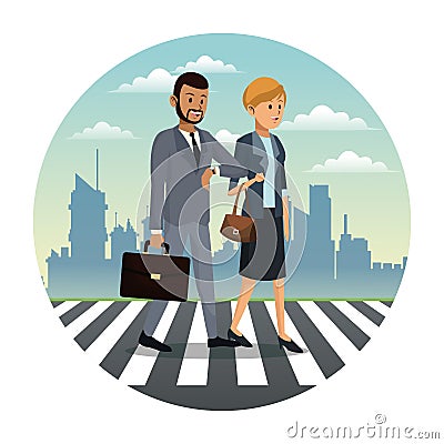 business couple walk street urban background Cartoon Illustration