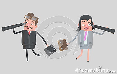 Business couple watching forward in a spyglasses. 3d illustration Cartoon Illustration