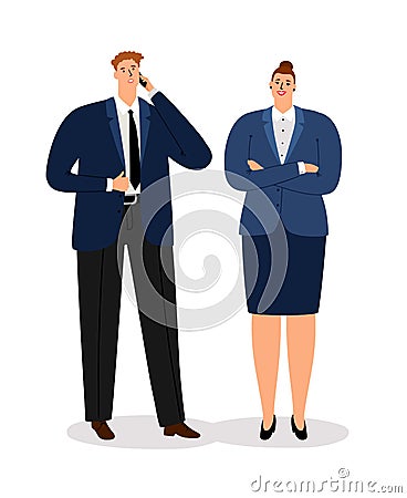 Business couple. Young executive businessman and professional satisfied businesswoman isolated on white background Vector Illustration