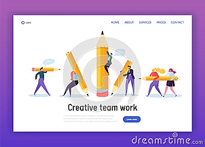 Business Creative Copywriter Teamwork Landing Page. Drawn People Holding Pencil. Blogger Work Goal. Education Job Leader Vector Illustration