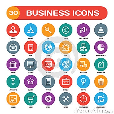 30 business creative vector icons in flat style for material design projects. Business vector icons set. Flat icons collection. Vector Illustration