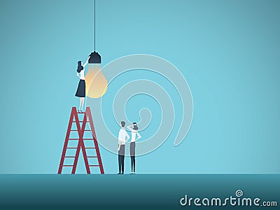 Business creativity and teamwork vector concept with team of businesspeople installing lightbulb. Symbol of cooperation Vector Illustration