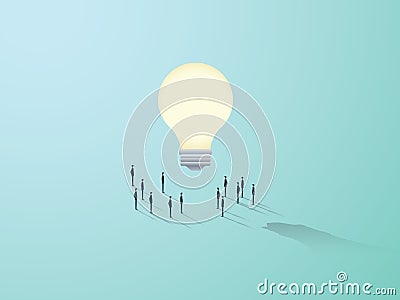 Business creativity vector concept with big light bulb and people standing around. Teamwork brainstorming symbol. Vector Illustration