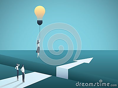 Business creativity vector concept with woman flying with lightbulb. Symbol of creative solution, breakthrough Vector Illustration