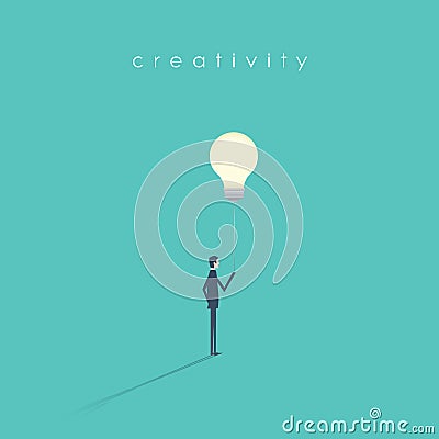 Business creativity vector symbol with businessman holding lightbulb on a string like a balloon. Vector Illustration