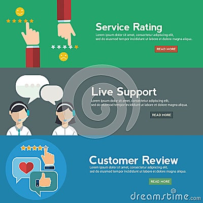Business customer care service concept, rating on customer service and review flat banner set Vector Illustration