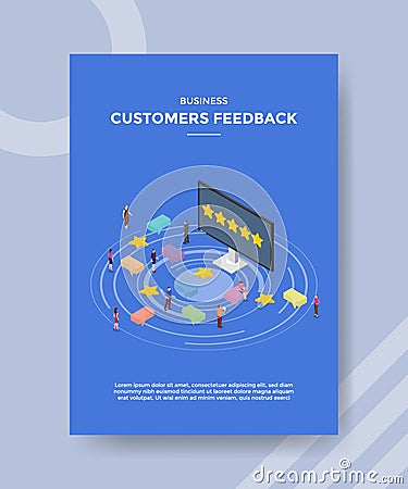 business customers feedback people standing around computer screen star in display for template flyer and print banner cover Vector Illustration