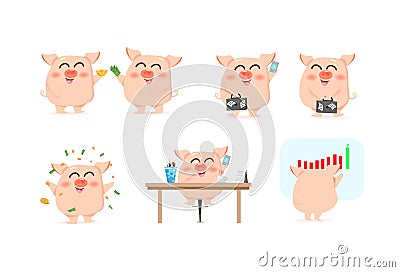 Business cute pig characters, animal cartoon working concept, richness and investment, mascot collection vector illustration Vector Illustration