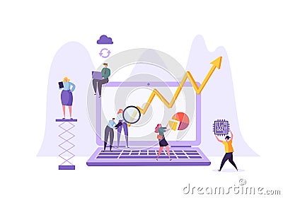 Business Data Analysis Concept. Marketing Strategy, Analytics with People Characters Analyzing Financial Statistics Data Vector Illustration