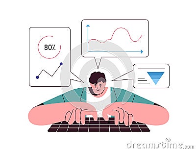 Business data analysis and effective management concept. Analyst analyzing information, graphs. Logic thinking Vector Illustration