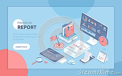 Business Data Analysis, Financial Report. Statistics and business statement. Research of company documents. Isometric vector illus Vector Illustration