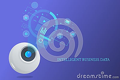 Intelligent business data, robot analyzing information, future data science, artificial intelligence. Vector Illustration