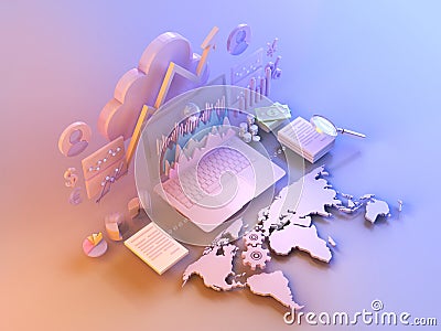 Business data market elements, charts, graphs, diagrams with world map. Cartoon Illustration