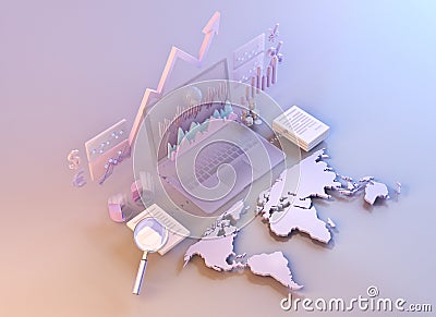 Business data market elements, charts, graphs, diagrams with world map. Cartoon Illustration