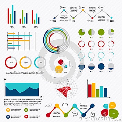 Business data market elements dot bar pie charts diagrams and gr Vector Illustration