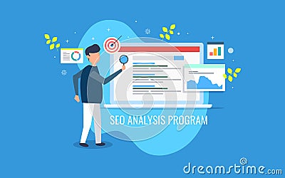 Seo analysis program, businessman analyzing business and marketing data, information, statistic. Flat design vector banner. Vector Illustration