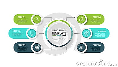 Business data visualization. Process chart. Elements of graph, diagram with 6 steps, options, parts or processes. Vector Illustration