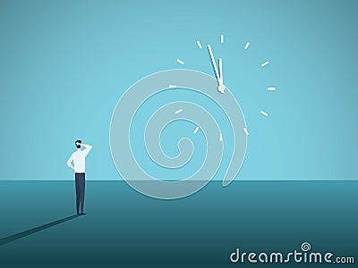 Business deadline vector concept with businessman staring at a clock on the wall. Symbol of stress at work, management Vector Illustration