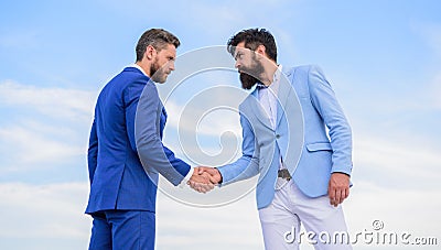 Business deal approved accepted by both partners. Entrepreneurs shaking hands symbol successful deal. Sure sign you Stock Photo