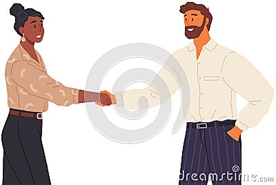 Business deal, business people shaking hands greet each other, handshake of man and woman at meeting Vector Illustration