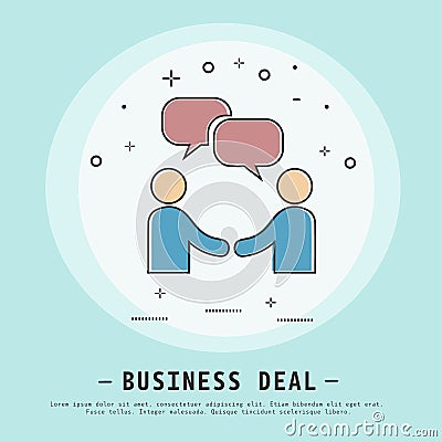 Business deal illustration. Modern flat thin line icon design. Business success. Two businessman and bubbles sign icon Cartoon Illustration