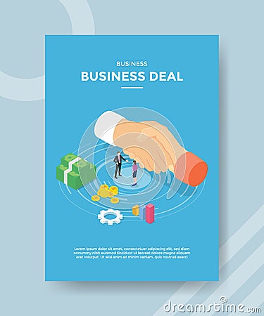 Business deal people standing around handshake money bar chart for template flyer and print banner cover book books modern flat Stock Photo