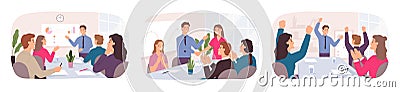 Business deal success. Office people discuss idea at meeting, partnership handshake, team celebration. Employee career growth Vector Illustration