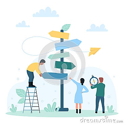 Business decision, options for right choice, tiny people near road sign choose path Vector Illustration