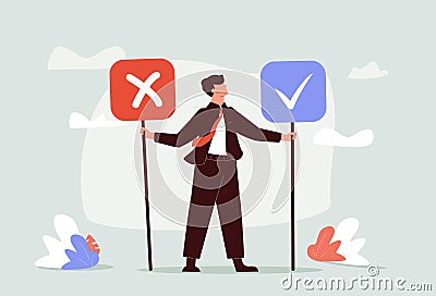 Business decision right or wrong, true or false, correct and incorrect, moral choosing option concept, thoughtful. Vector Illustration