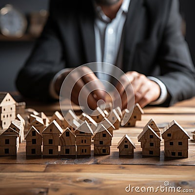 Business defense Hands safeguard dominoes, symbolizing risk control and insurance Stock Photo