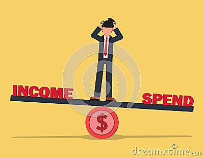 Business Deficit concept. Stressful businessman standing on the unbalanced seesaw between income and spending Vector Illustration