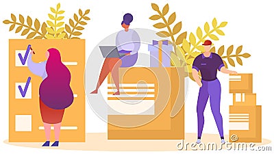 Business delivery concept, vector illustration. Online order parcel, people near large package box, fast shipping store Vector Illustration