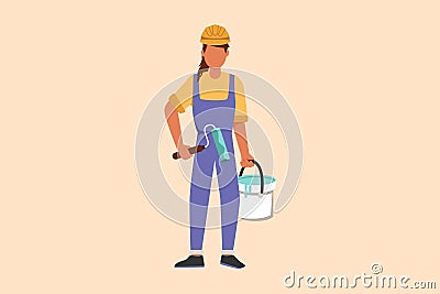 Business design drawing beauty repairwoman standing and holding roller with paint bucket, home repairs, painting walls in house, Cartoon Illustration