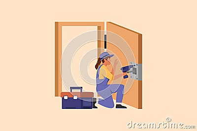 Business design drawing door service decoration. Repairwoman in overalls with equipment repair door element. Locksmith fix lock. Vector Illustration