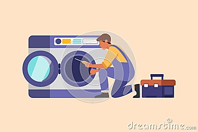 Business design drawing professional repairman fixing washing machine at home. Plumbing specialist with toolbox, fixing or Cartoon Illustration