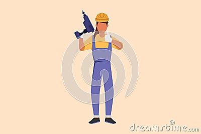 Business design drawing repairwoman worker holding electric drill tool for work repair. Builder fixing home cupboard interior. Cartoon Illustration