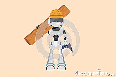 Business design drawing robot timber frame house construction worker. Repairman standing with board, tool box, and drill. Future Cartoon Illustration