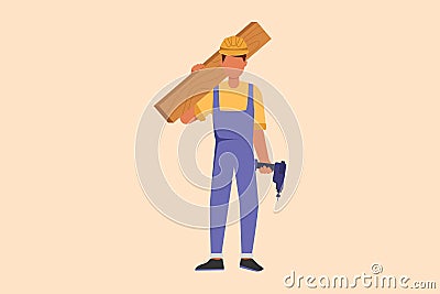 Business design drawing timber frame house construction worker. Repairman standing with board, tool box, and drill. Building, Cartoon Illustration