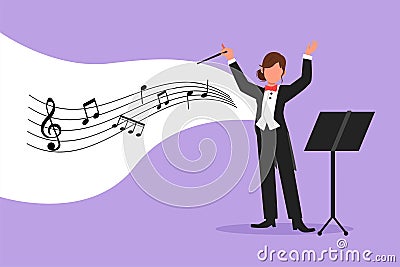 Business design drawing woman music orchestra conductor. Female musician in tuxedo suit with arm gestures. Expressive conductor Cartoon Illustration