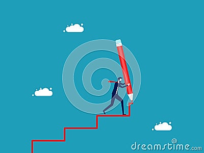 business development. businessman draws a ladder with a large pencil and walks up the stairs Vector Illustration