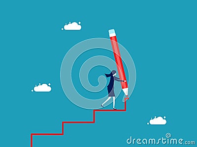 business development. businesswoman draws a ladder with a large pencil and walks up the stairs Vector Illustration