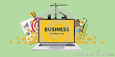 Business development concept with laptop money and gold target graph chart on paper document construction tools Vector Illustration