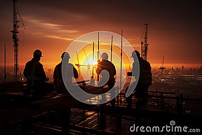 Business development Construction engineer, contractor, teamwork silhouette on industrial site Stock Photo