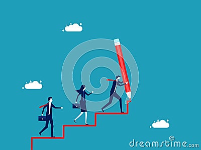 Business development leader. businessman draws a ladder with a big pencil and the work team walks up the ladder Vector Illustration
