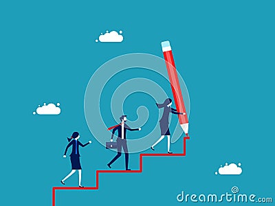 Business development leader. businesswoman draws a ladder with a big pencil and the work team walks up the ladder Vector Illustration