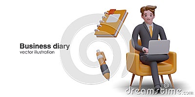 Business diary. Man in business suit works in chair with laptop. Realistic notebook, pen Vector Illustration