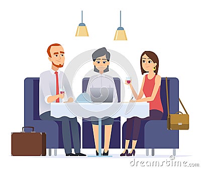 Business dinner. Meeting with work partner or client in restaurant executive cafe business lunch vector characters Vector Illustration