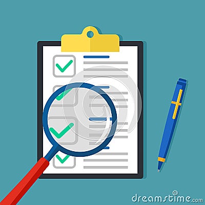 Business documents and magnifying glass. Business document analysis and review vector Vector Illustration