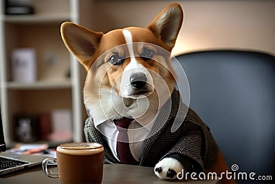 Business dog corgi at his workplace in the office. Generative AI Stock Photo