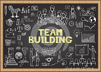 Business doodles on chalkboard with the concept of TEAM BUILDING. Vector Illustration